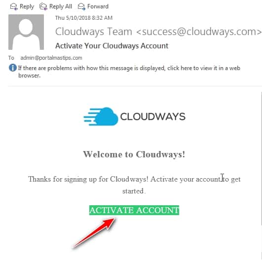 Correo para activar cuenta de Cloudways
