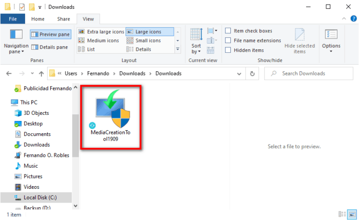 Ejecutar MediaCreationTool para instalar Windows 10