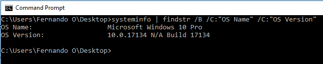 Ejemplo como se muestra en linea de comando la version de Windows usando SYSTEMINFO