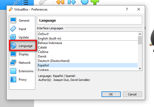 Seleccionar idioma en virtualbox